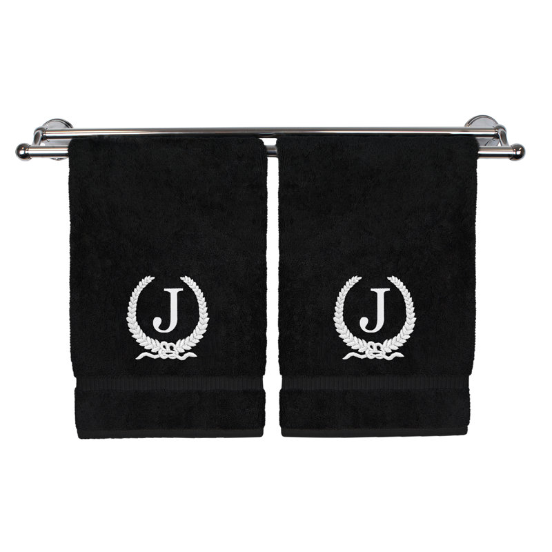 Essuie-mains monogramme - ensemble de 2 - lettre de conception de couronne, Noir / blanc, J