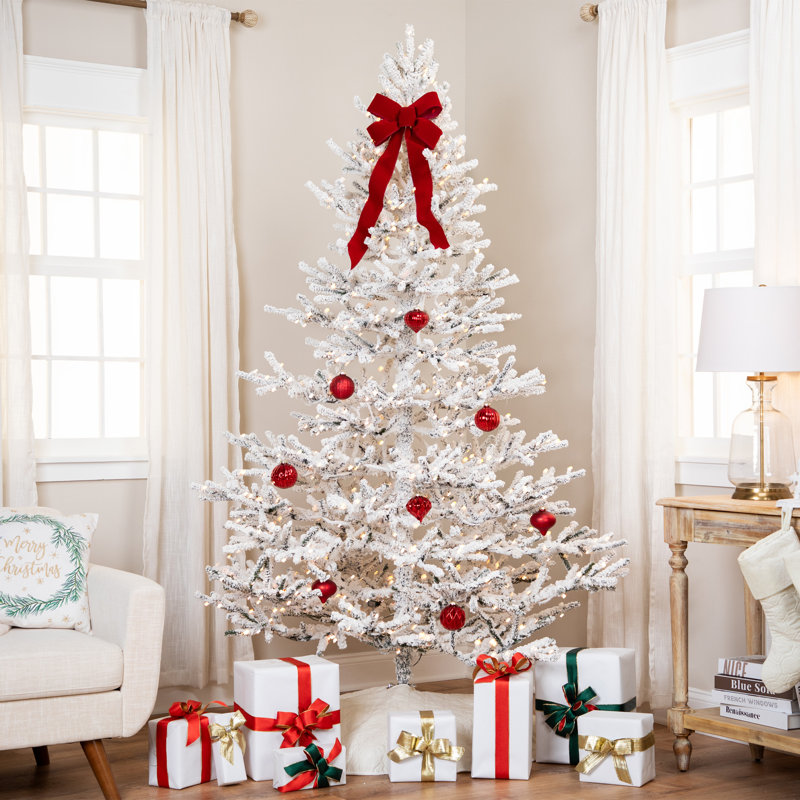 6.5' White Flocked Artificial Christmas Tree with Warm LED Lights