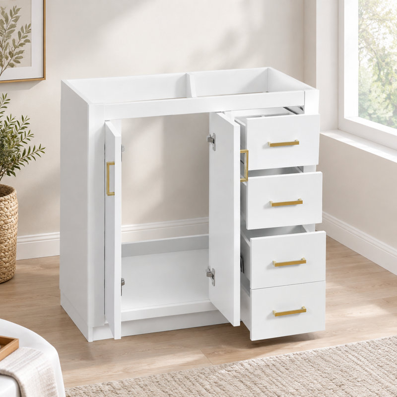 Meuble-lavabo blanc sur pied de style vintage, 74,2 cm (29,21 pouces), en bois de peuplier et MDF ; comprend trois tiroirs et un garde-robe ; facile à assembler ; lavabo non inclus.