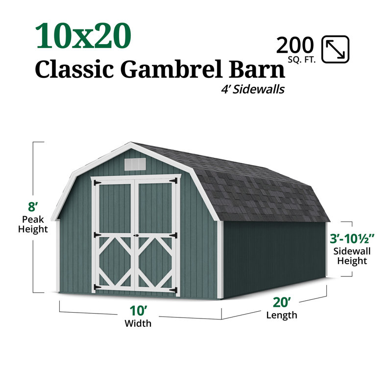 Classic Gambrel Outdoor Wood Storage Barn with 4 ft. Sidewalls, 10' x 20', Yes