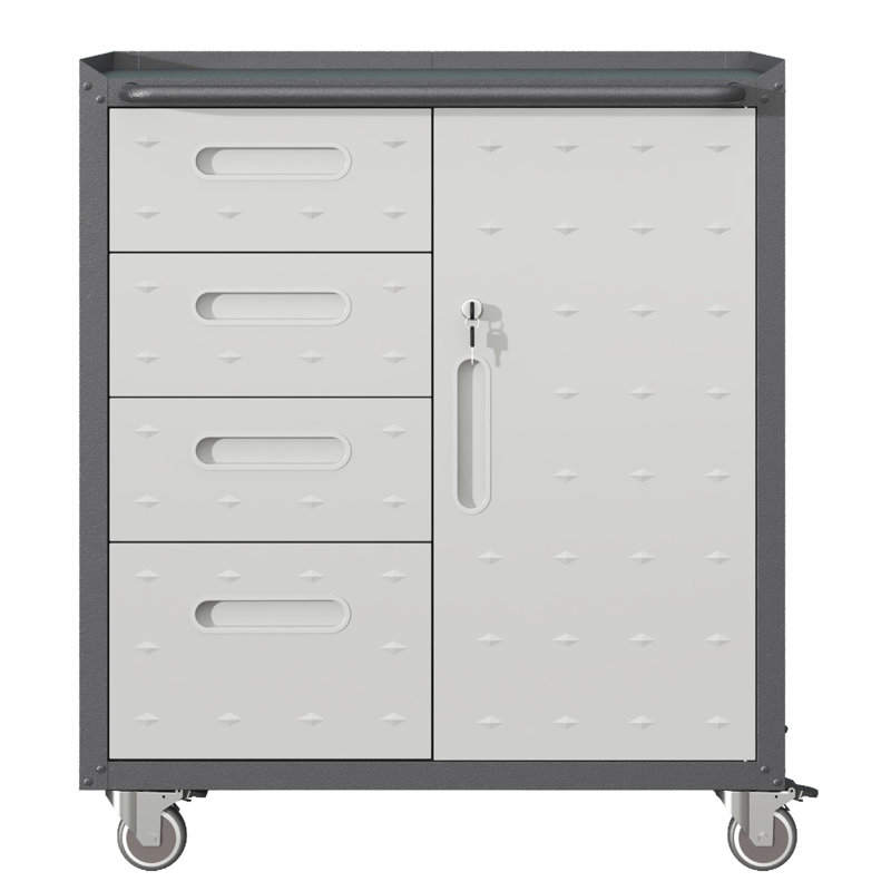 Heavy-Duty Metal Storage Cabinet For Garage, Office, Home. Lockable Wheels, Raised Top. 4 Side Drawers, Adjustable Shelves. Black/Gray Tool - 360 Top Surface, Space.