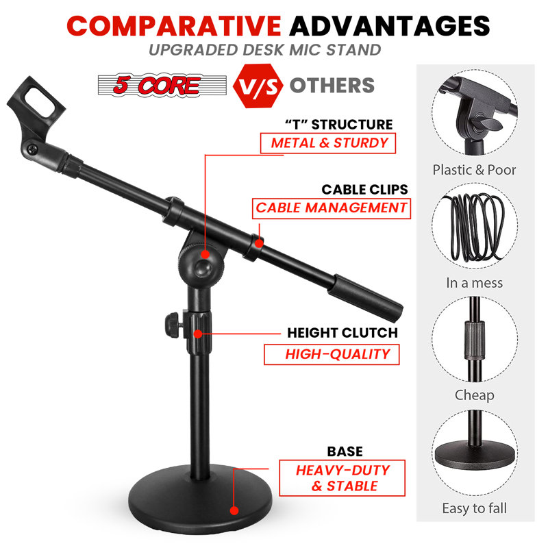 5 Core Desk Microphone Stand Round Base Adjustable Height Extendable Boom Arm MSSB