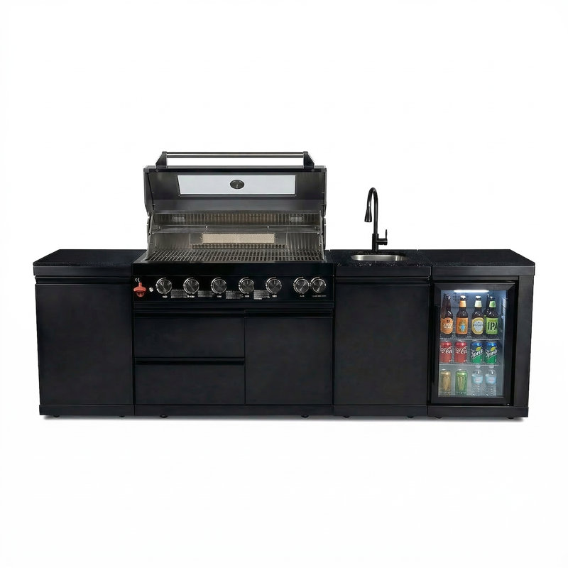 Îlot de cuisine extérieur de luxe 101 po avec barbecue au propane à 6 brûleurs 85 000 BTU, réfrigérateur à vin, évier en acier inoxydable et comptoirs en marbre