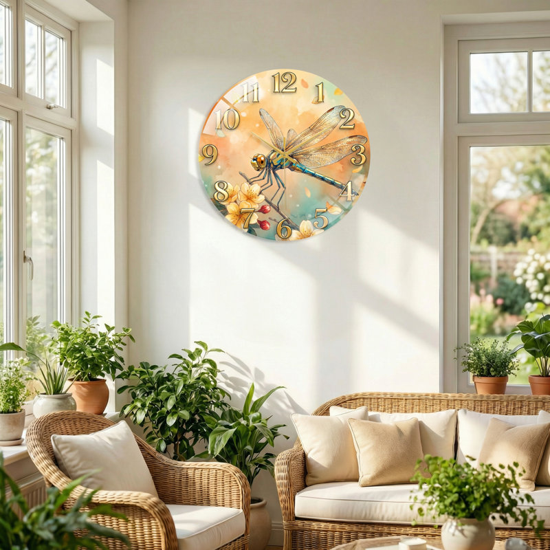 Libellule horloge murale en verre, 40 x 40 cm (15,7 x 15,7 pouces)
