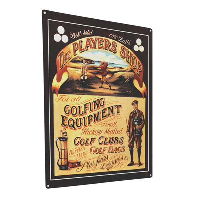 Joueurs, équipement de golf, enseigne métallique sur métal