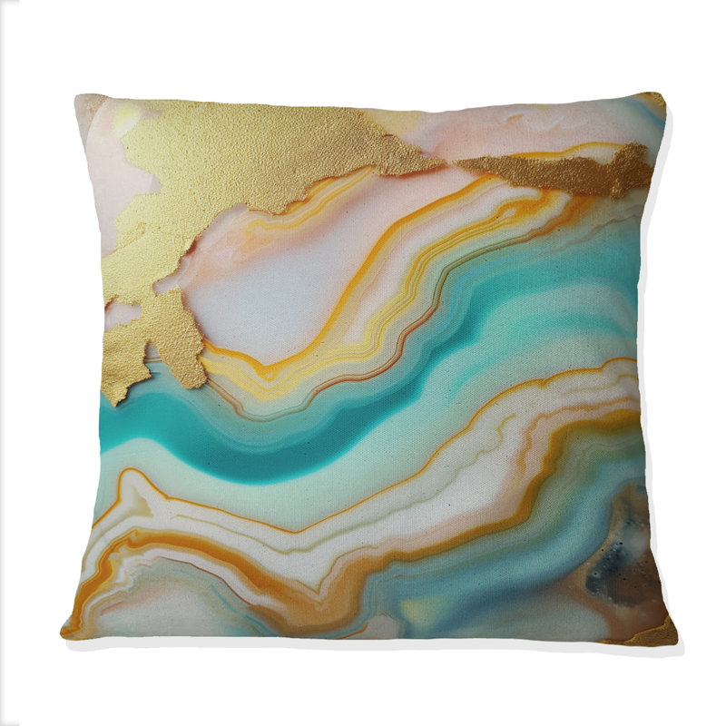 Coussin décoratif liquide à motif d'agate turquoise et bleu doré II