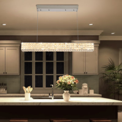Modern Crystal Chandelier Rectangular Crystal Chandelier Contemporary Linear Pendant Ceiling Light Fixture For Living Dining Room Kitchen Island