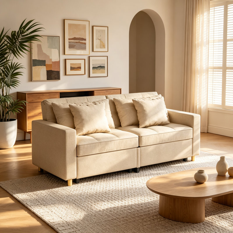 2 Seater Linen Sofa Bed, Beige