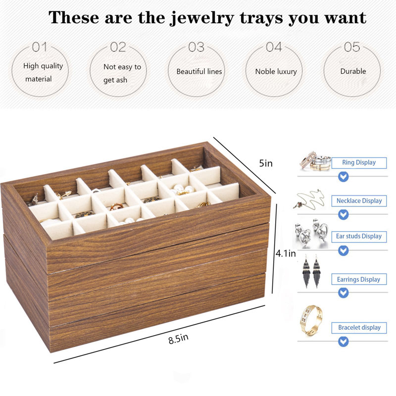 Inserts de rangement de tiroir à bijoux en bois, plateau de rangement empilable pour bijoux