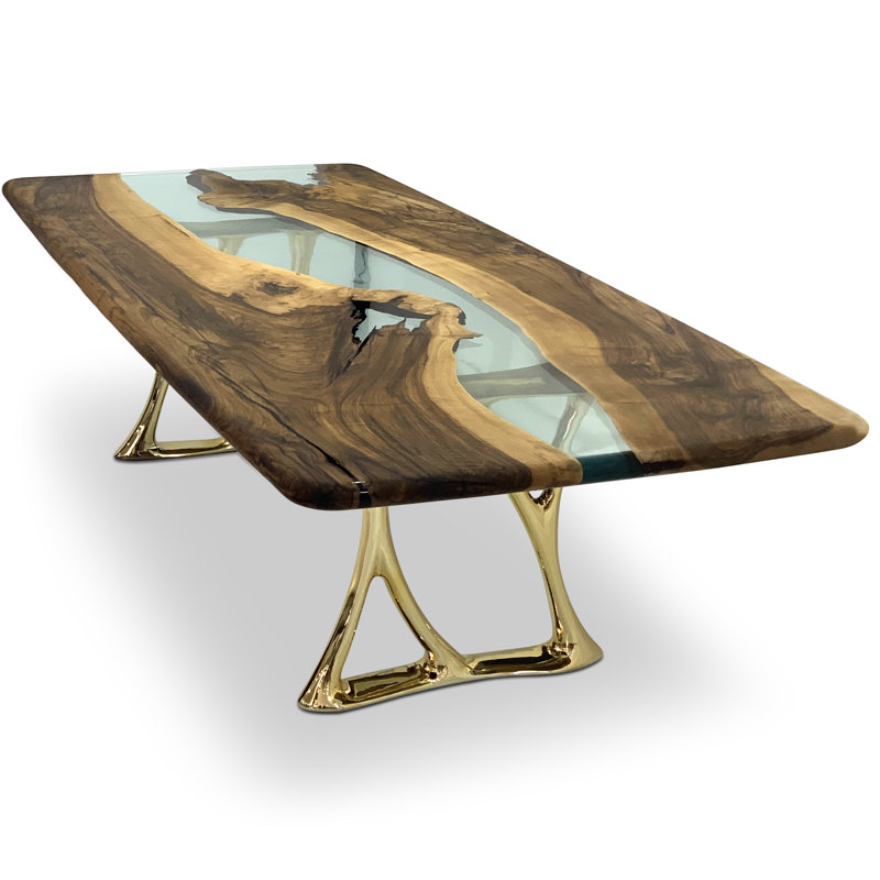 Walnut Metal Base Dining Table, V-Round