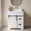 Armoire de salle de bain blanche autoportante sous le comptoir avec porte de grange coulissante et deux tiroirs