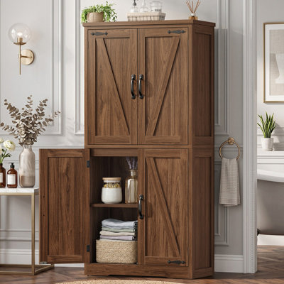 Kitchen Pantry Cabinets With 4 Doors, Storage Cabinets, Cupboard, Tall Bathroom Cabinets For Dinning Room, Living Room, Dark Brown