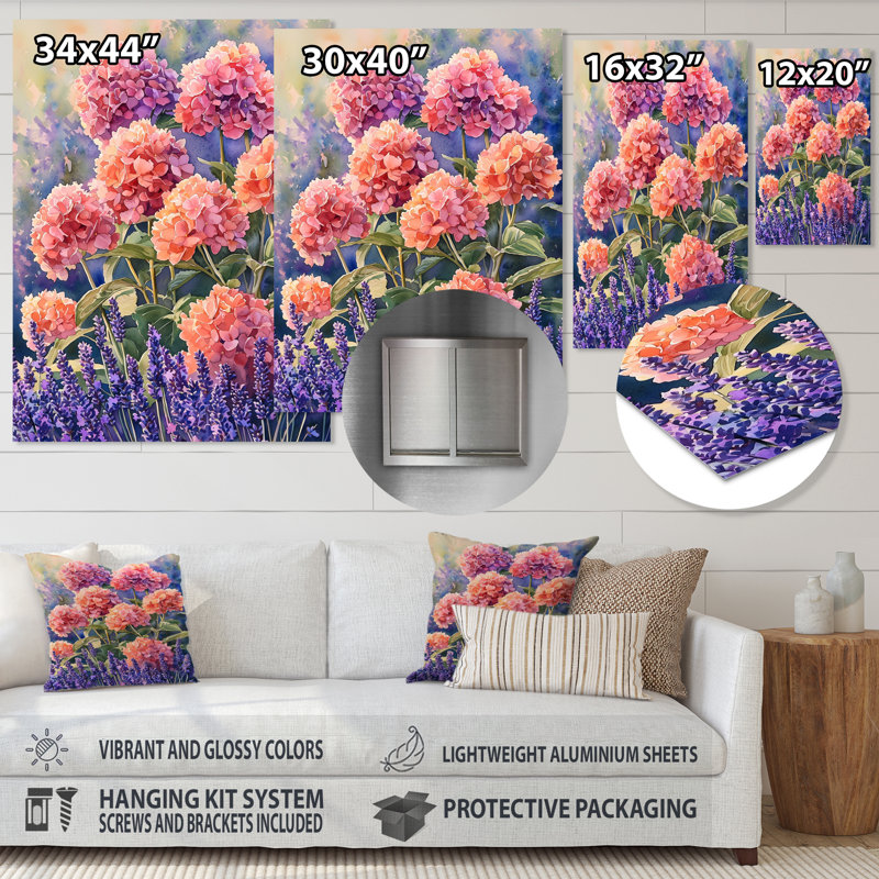Hortensias dans un champ de lavande III - reproduction d'art traditionnelle en métal, hydrangées en métal, H 20 po x l 12 po