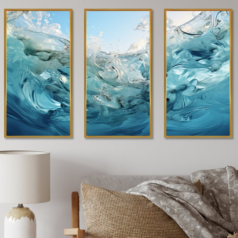 Ensemble d'art mural bleu marine et blanc Fusion III, Cadre flottant doré, H 32 po x l 48 po x P 1 po
