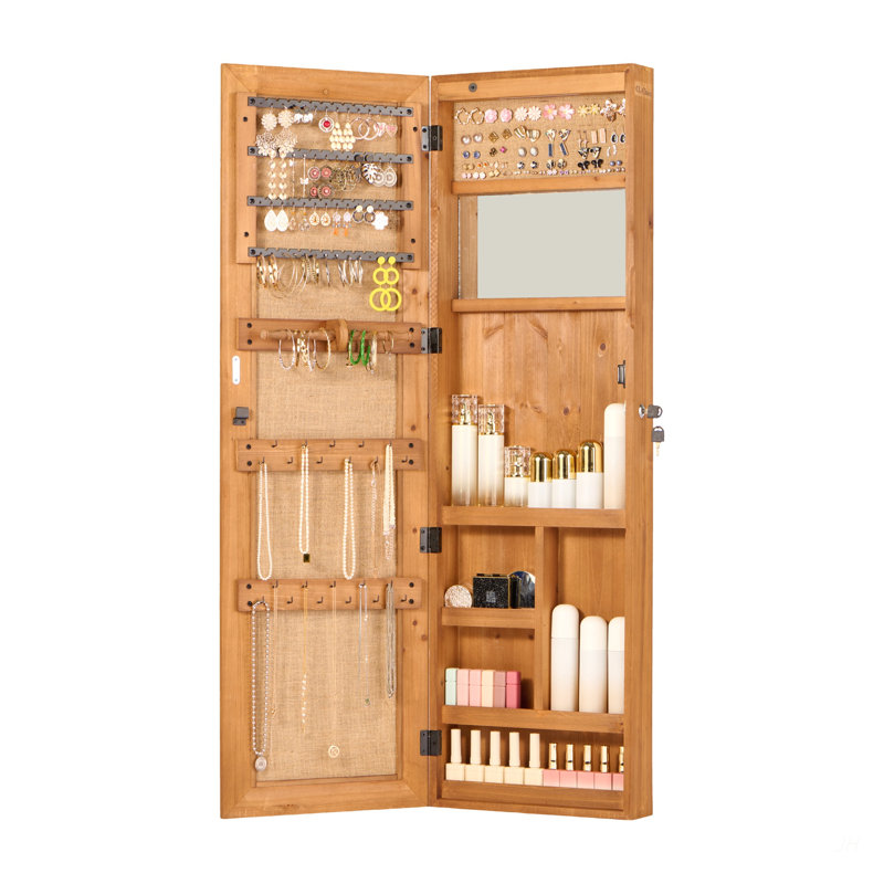 Armoire-penderie pour armoire à bijoux en bois massif avec miroir pleine longueur, 47,5 x 14,3 po, verrouillable au mur avec lumière DEL