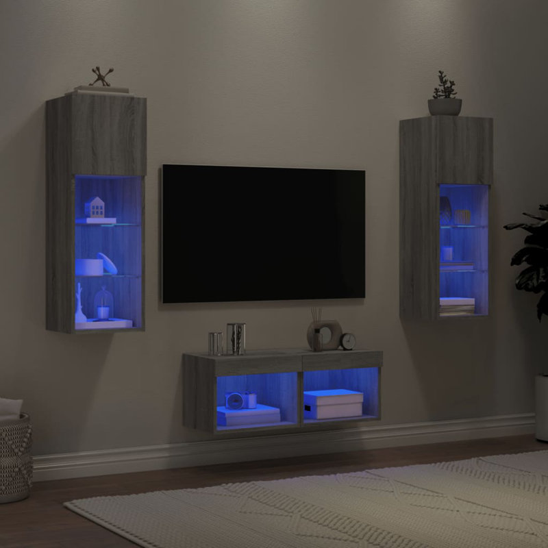  4 Piece TV Wall Cabinets With LED Lights, Grey Sonoma