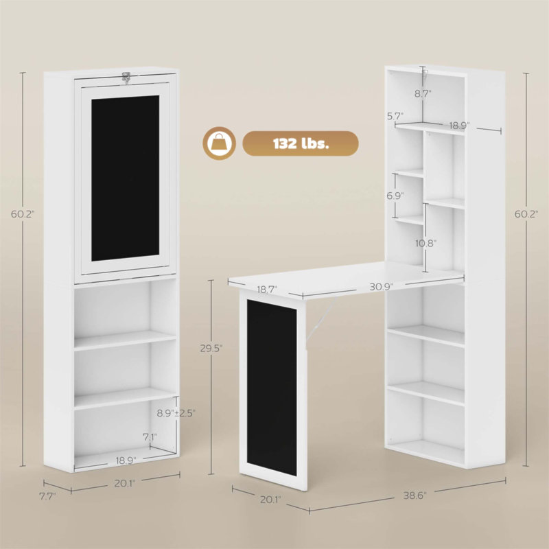 Bureau convertible pliable, bureau d'ordinateur mural avec beaucoup de rangement et tableau d'écriture, Blanc