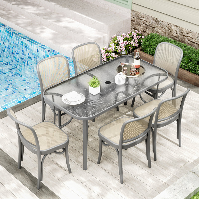Patio Outdoor Table W/ 1.69″  Umbrella Hole, 30"x 55" Rectangular Tempered Glass Patio Dining Table For 6,  Outdoor Metal Furniture, All-weather Use, For Patio, Garden, Backyard, Poolside(gray)
