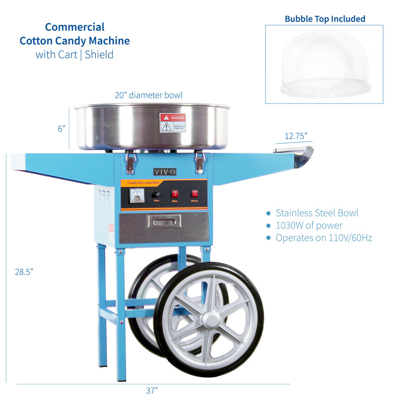 Machine à barbe à papa électrique commerciale avec chariot et pare-bulles, Bleu