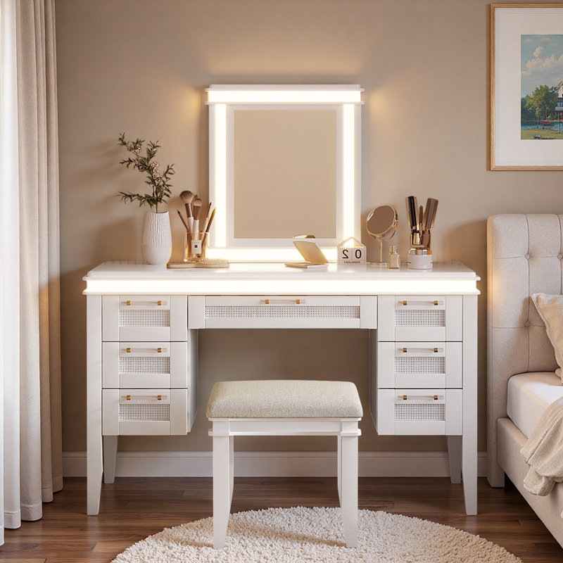 Vanity Desk With Mirror And Lights, 7 Drawers And Cushioned Stool, Light Beige