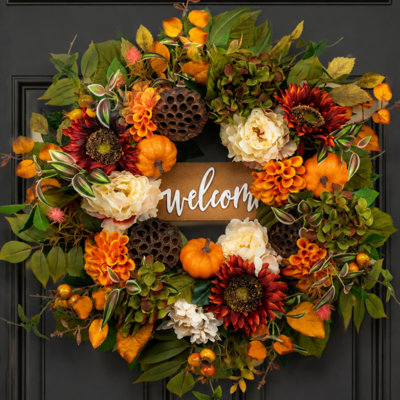 24" Fall Wreath with Hydrangeas, Pumpkins Autumn Front Door Decor Indoor Outdoor Wreath