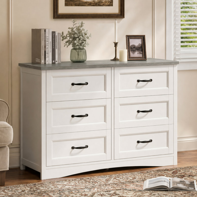 Commode double en bois moderne à 6 tiroirs l 47,2 po Migneco avec poignées en métal et tiroirs coulissants, Gris / Blanc