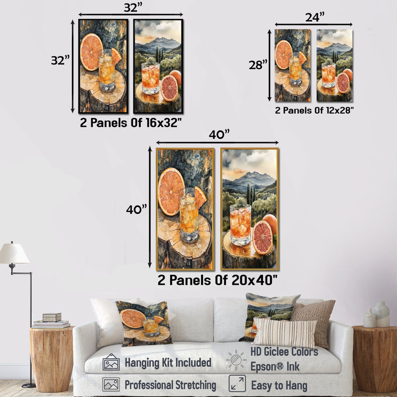 Cocktail téquila avec verre de pamplemousse I - art mural nourriture et boissons 2 pièces, H 28 po x l 25 po