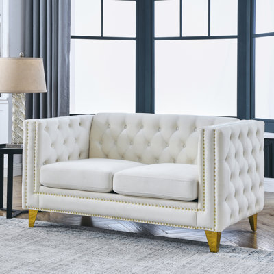 Modern Velvet Couch: Beige With Square Arms, Button Tufting, And Metal Legs : , Legs, Stylish For Bedroom