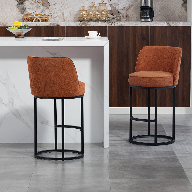 Ensemble de 2 tabourets de bar à hauteur de comptoir, conception de baril moderne avec dossier, tissu en lin revêtu pour îlot de cuisine