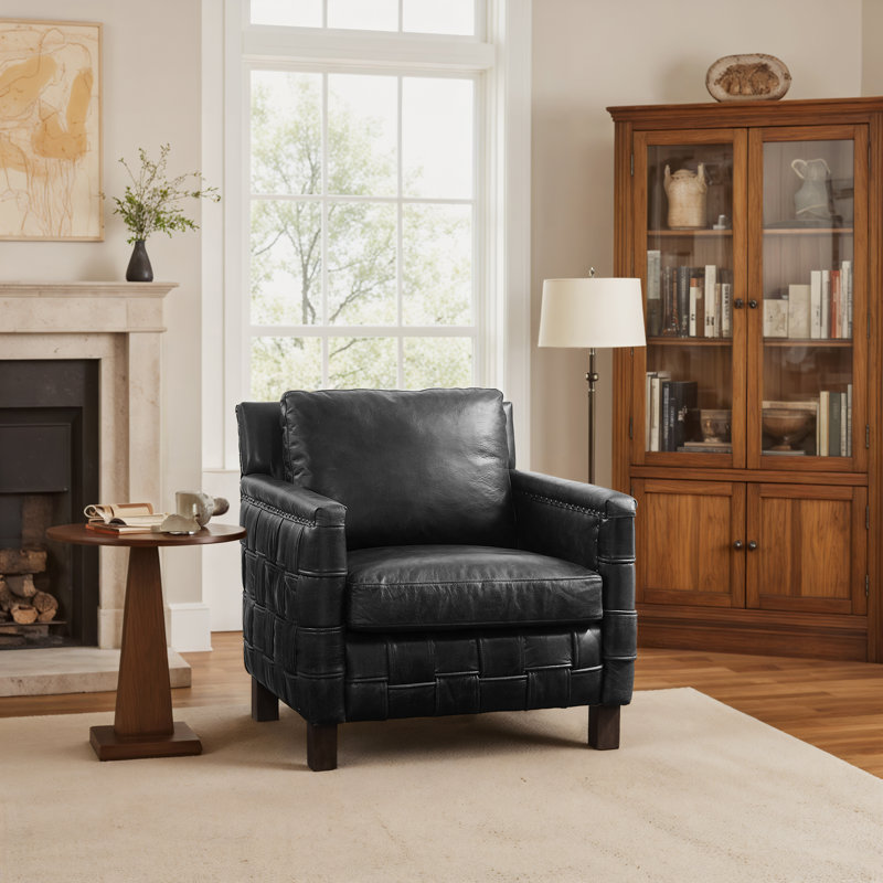 Mid-century Genuine Leather Nailhead Trim Accent Armchair with Removable back cushion, Black