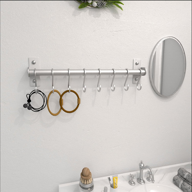 Porte-ustensiles de cuisine, support mural pour casseroles et poêles, rail de cuisine avec 8 crochets pour suspendre des ustensiles de cuisine, tasses, cuillères, fixation murale, argent
