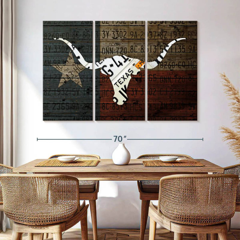 Art de Longhorn avec drapeau, H 42 po x l 65 po