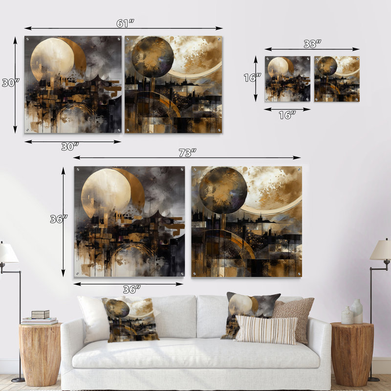 «Exploration de la lune dorée évolutive I», ensemble de 2 peintures murales modernes en acrylique, H 36 po x l 73 po