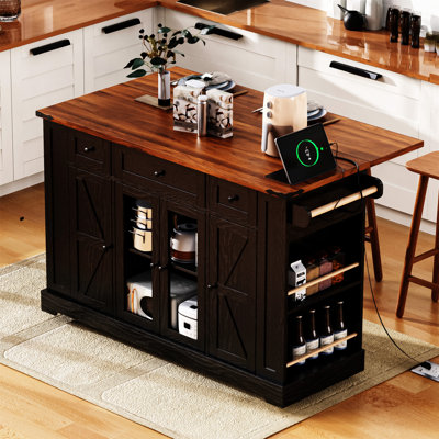 Îlot de cuisine de 53 po avec deux portes d'armoire en verre trempé (sans tabouret inclus)