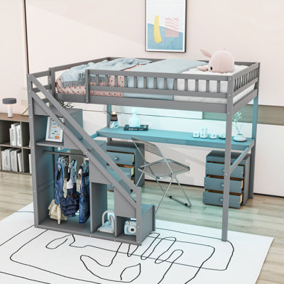 Loft Bed With Desk, Storage Drawers, LED Light Strip And Side Staircase