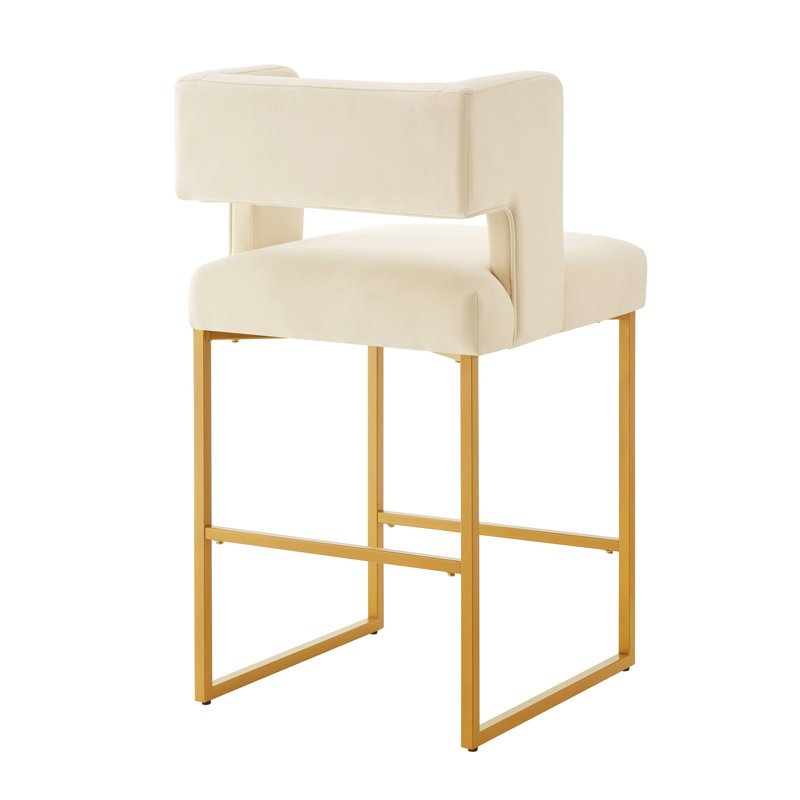 Tabouret de bar moderne à hauteur de comptoir en velours crème avec dossier carré et repose-pieds en métal