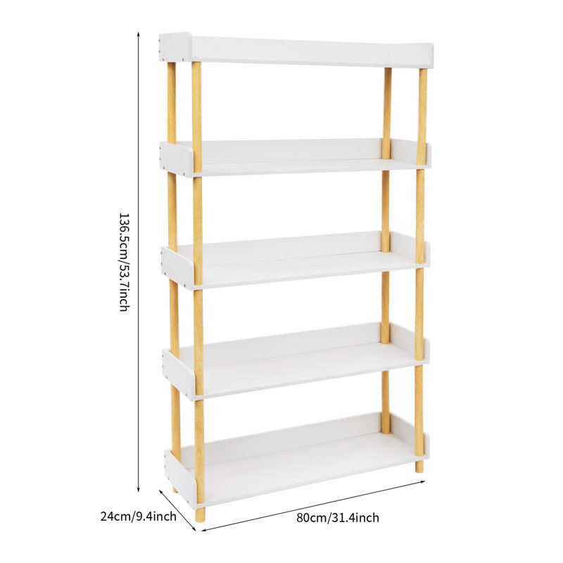 5-Tier Modern Warm White Wooden Open Bookcase Display Bookshelf