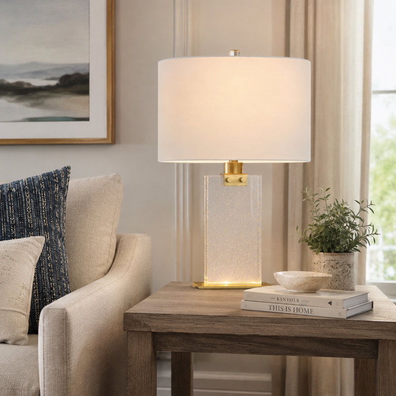 22.75" Antique Brass Table Lamp with Clear Seeded Crystal Base & LED Night Light