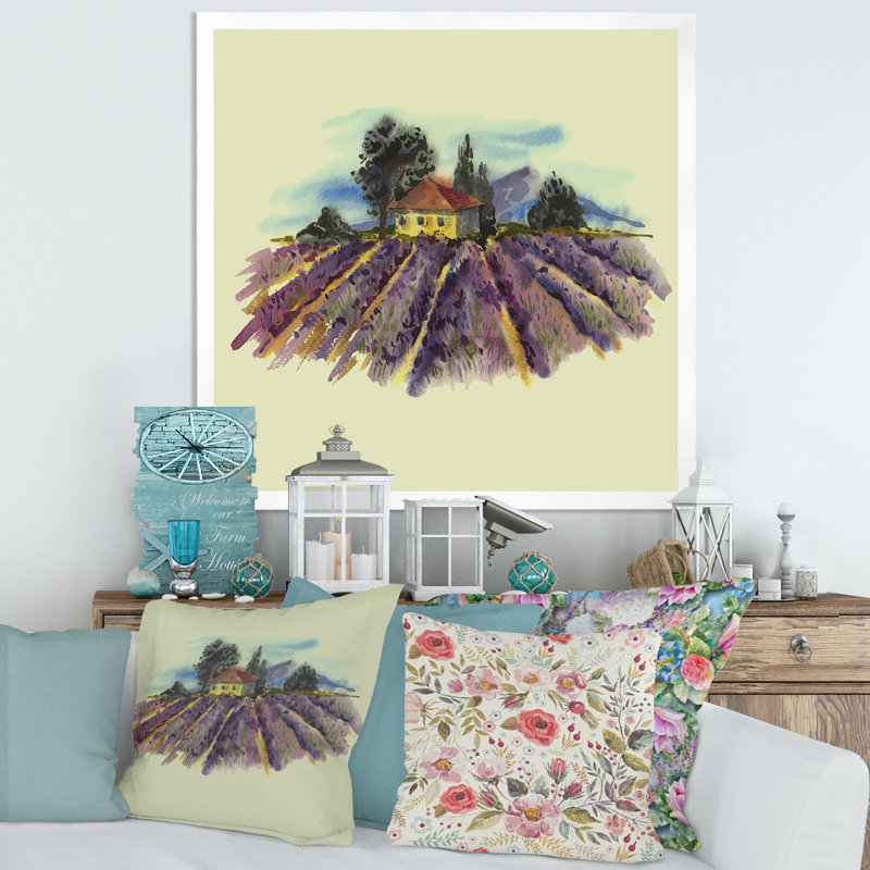 Paysage avec lavande en fleurs - Peinture sur toile, H 16 po x l 16 po x 1,5 po, Toile blanche encadrée