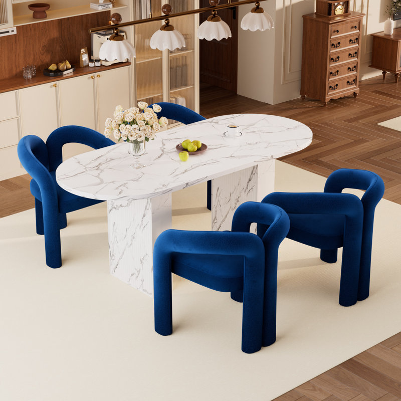 Ensemble de table de salle à manger 62,9 pouces, Blanc, 5 pièces: table, 4 chaises, Bleu