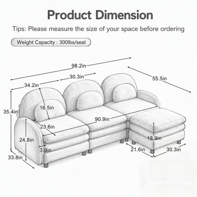 Canapé d'angle modulaire 3 places en tissu Teddy à effet nuage, dossier et accoudoirs incurvés avec coussins lombaires