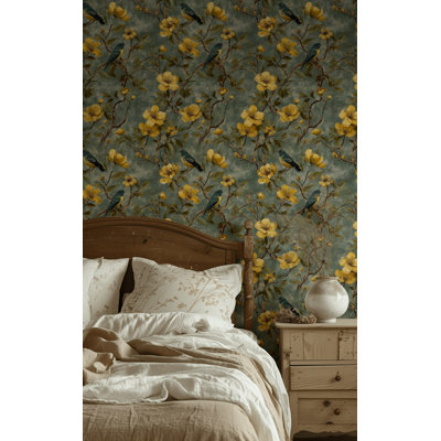 Papier peint floral jaune et bleu à motif d'oiseaux et de fleurs