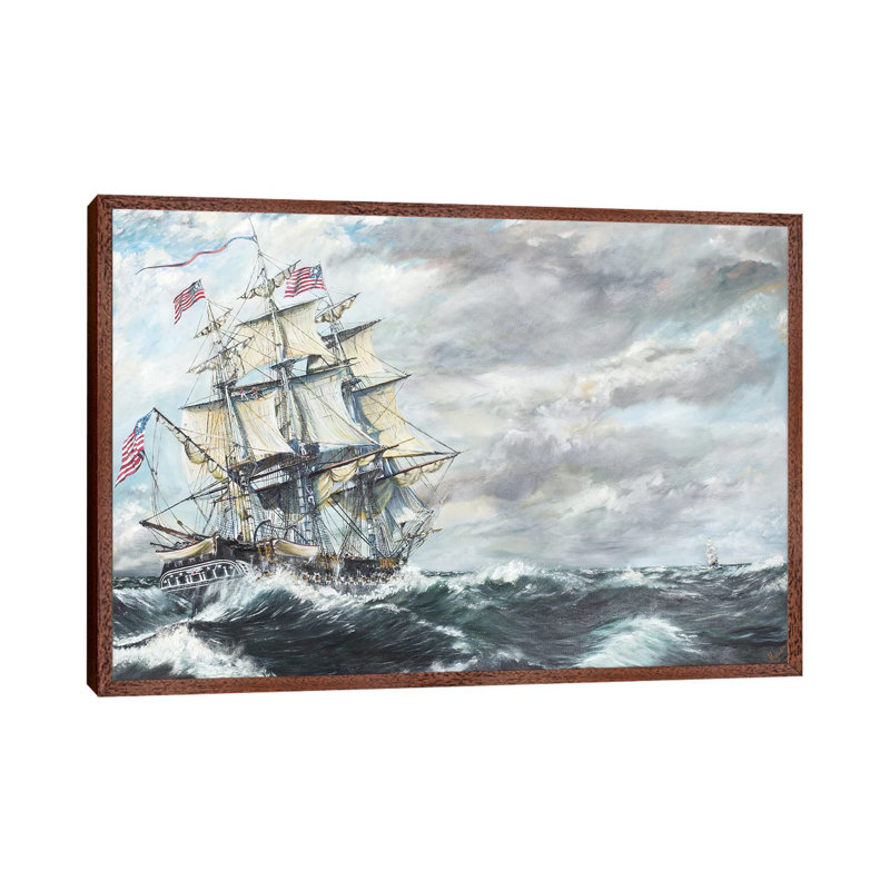 USS Constitution Heads For HM Frigate Guerriere 19/08/1812, 2003, - Painting on Canvas, Brown Framed, 101.6 cm H x 66.04 cm W