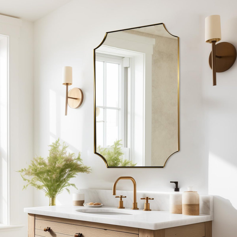  Tariro Contemporary Notched Corner Scalloped Rectangle Bathroom Vanity Mirror | Stainless Steel Frame, 36" x 24"