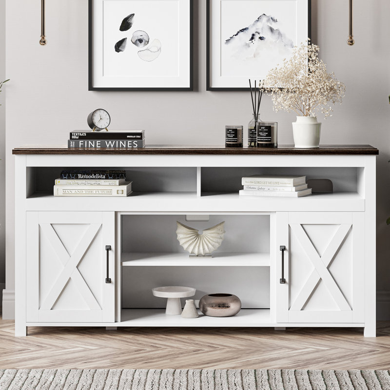Meuble télé Kayli de 58 po, meuble télé contemporain pour téléviseur de 65 po ou moins, console en bois, Blanc