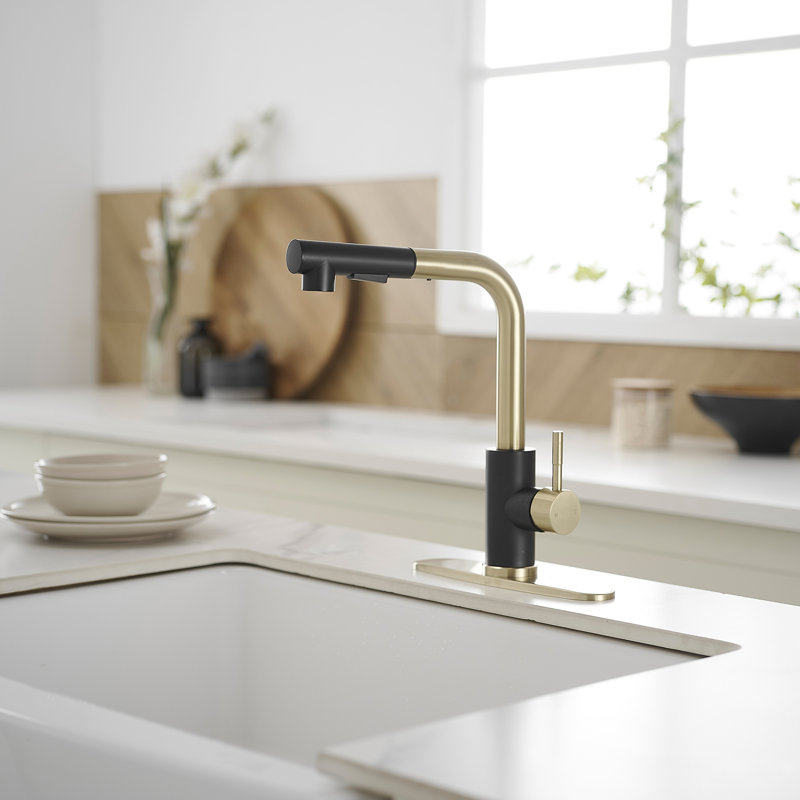 Robinet de cuisine extractible à poignée simple avec plaque de pont et conduites d'alimentation, Noir et or