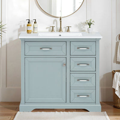 36 36 po Meuble-lavabo gris moderne, bois massif et construction, lavabo encastré en céramique, charnières à rouille à fermeture en douceur, 2 tiroirs basculants et coulissants, tablette réglable