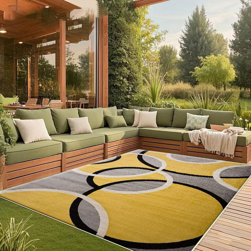 Modern yellow and gray geometric overlapping circle area rug for the living room, soft and comfortable, easy to maintain, machine-washable indoor rug, suitable for dining room, bedroom, home office, foyer, hallway, patio, and home decoration.
