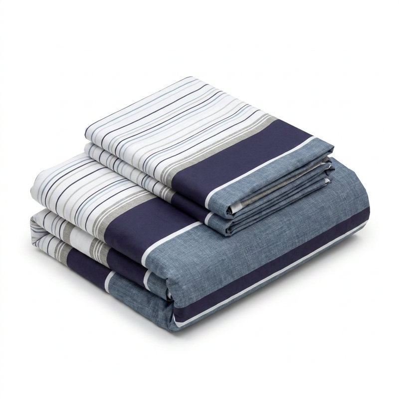 Literie Savoy à rayures 100 % coton, Rayé bleu / blanc, Housse de couette grand + 2 taies d'oreiller