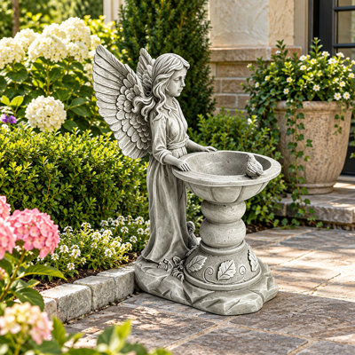 15 Inch Resin Angel Bird Bath Statue with Pedestal Bowl